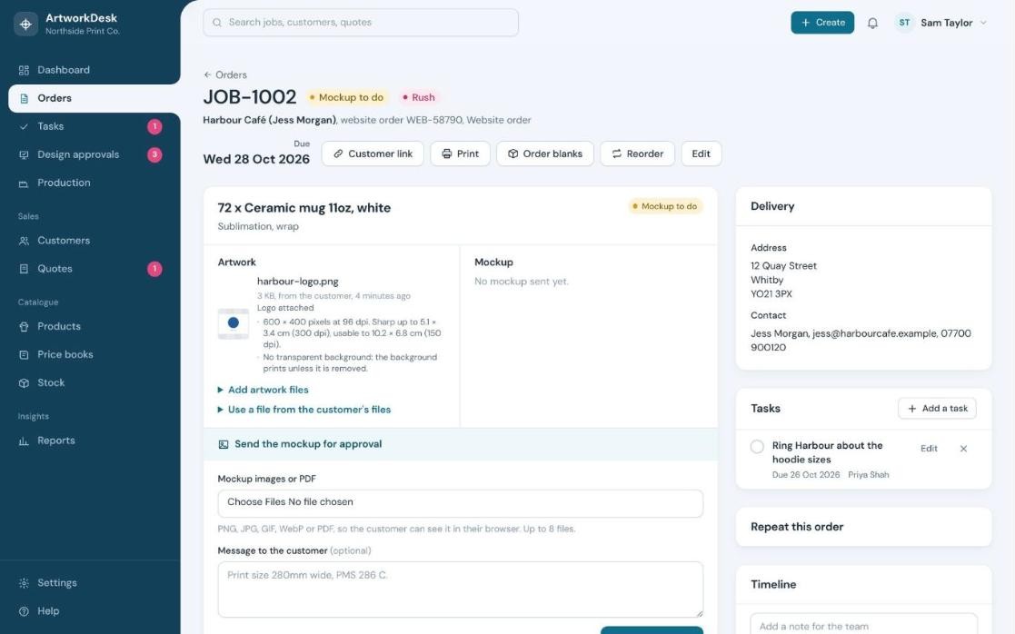 ArtworkDesk order page showing artwork, mockup and delivery details